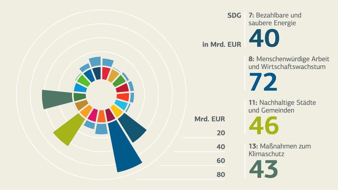 Diagramm und Zahlen zu den SDGs; Details siehe "Förderzahlen 2020 (tabellarische Übersicht)"