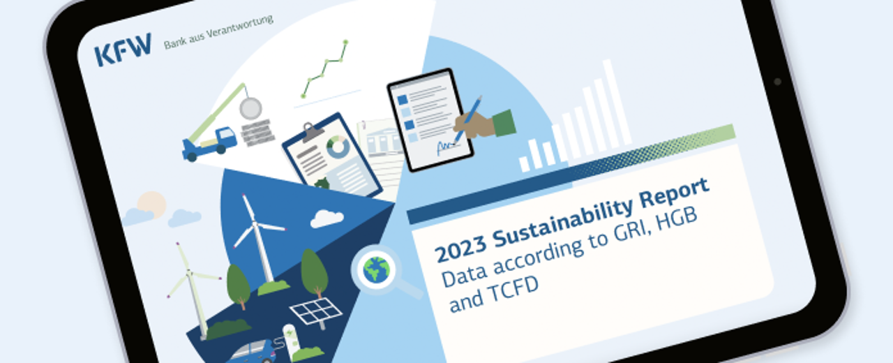 Cover image of the KfW Sustainability Report 2023 displayed on a tablet