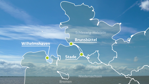 Karte von Norddeutschland mit den Standorten der LNG-Terminals
