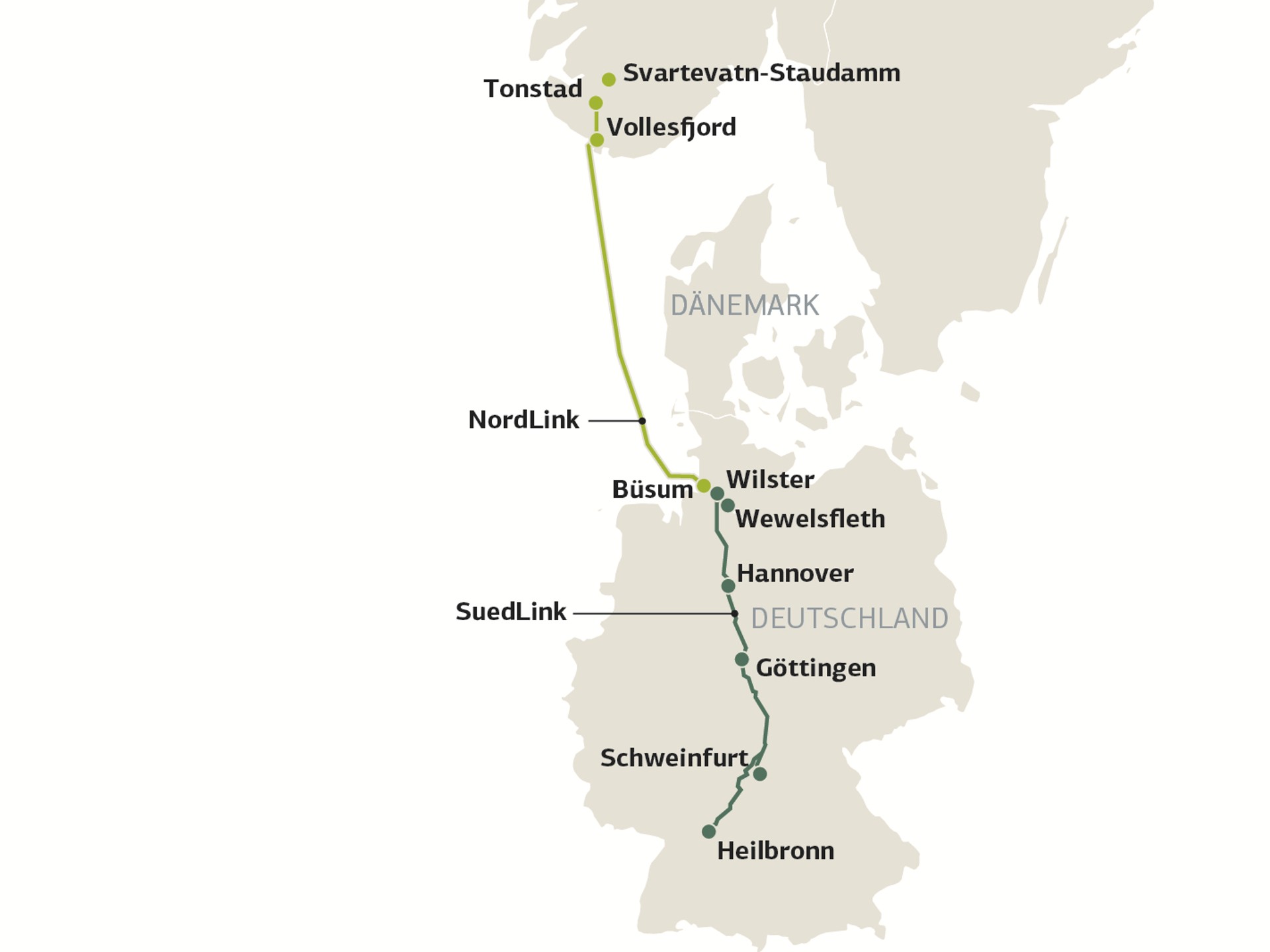 Map of NordLink and SuedLink