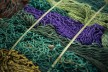 Old, used fishing nets in different colors