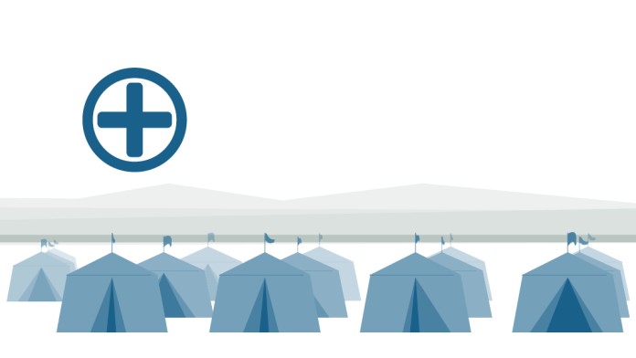 Illustrationof seberal tents with small first aid icon