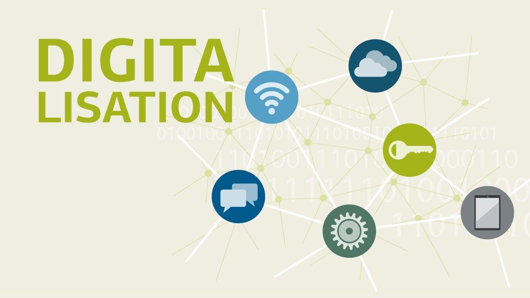 Illustration of a network, on the nodes are symbols for digitalisation