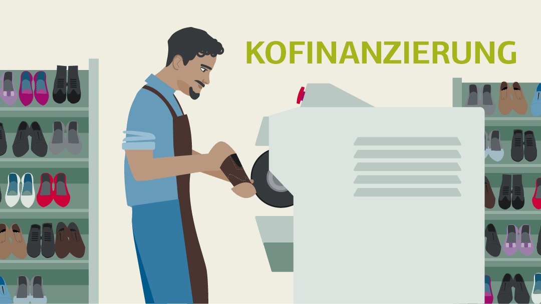 Illustration eines arbeitenden Mannes an einer Maschiene in einer Schuhfabrik