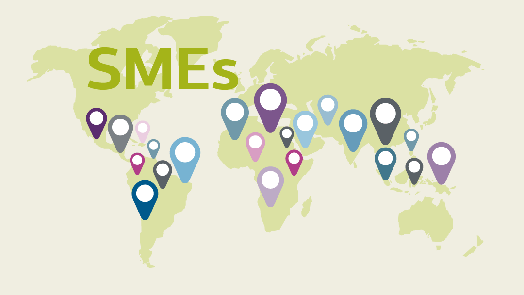 Illustration of a world map with many location markers in areas of developing and emerging countries