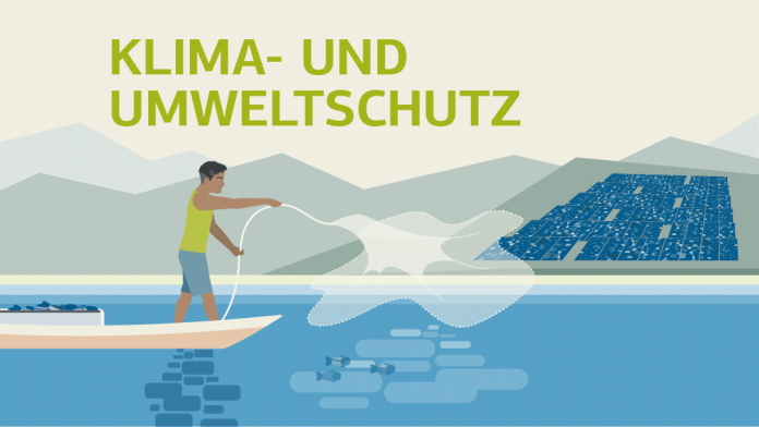Illustration eines Fischers mit kleinem Boot und Wurfnetz, im Hintergrund ein großer Solar-Park auf entfernten Hügeln