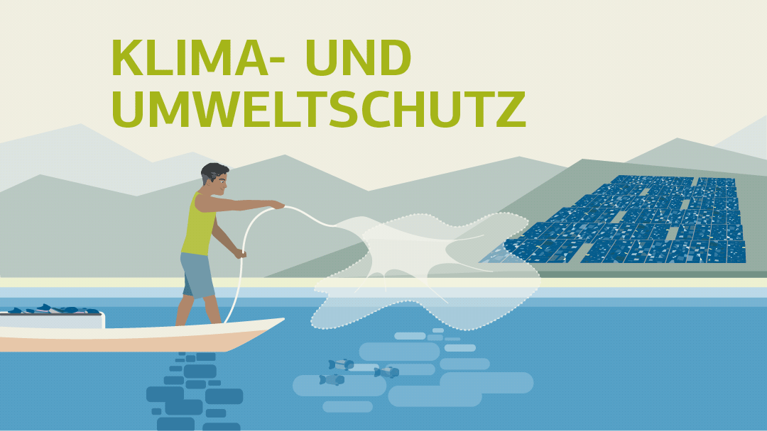 Illustration eines Fischers mit kleinem Boot und Wurfnetz, im Hintergrund ein großer Solar-Park auf entfernten Hügeln