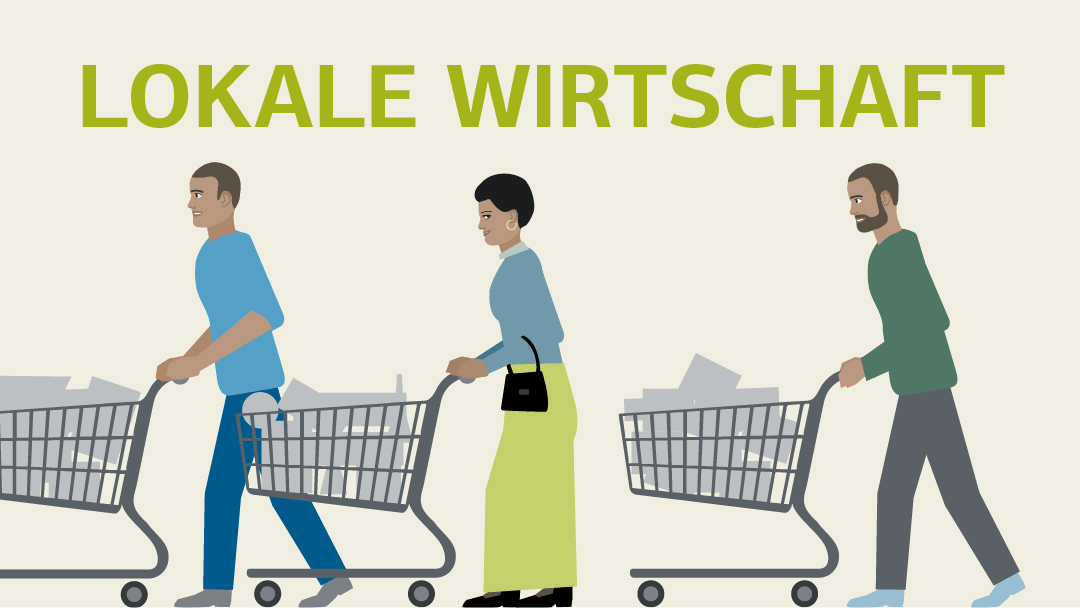 Illustration dreier Personen, die alle gut gefüllte Einkaufswägen schieben