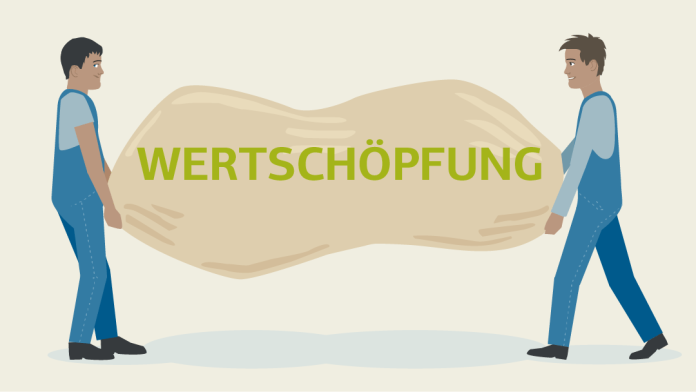 Illustration von zwei Arbeitern die eine überdimsional große Erdnuss tragen