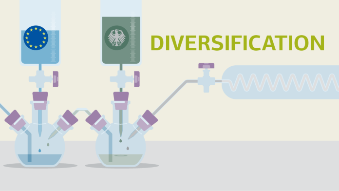 Illustration of a small chemical experiment in which several substances are mixed