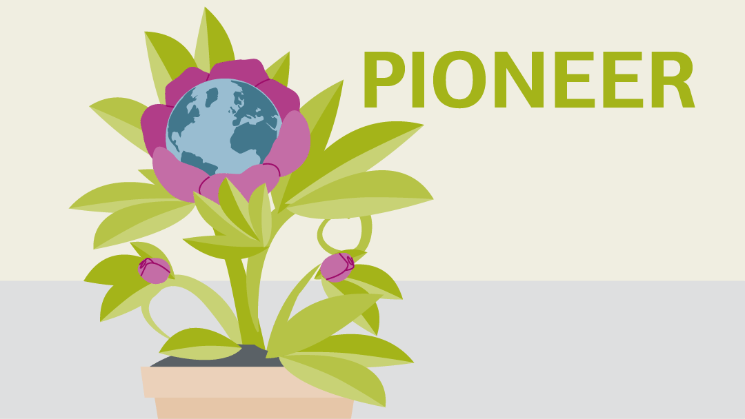 Illustration of a potted plant with a globe in the center of the flower