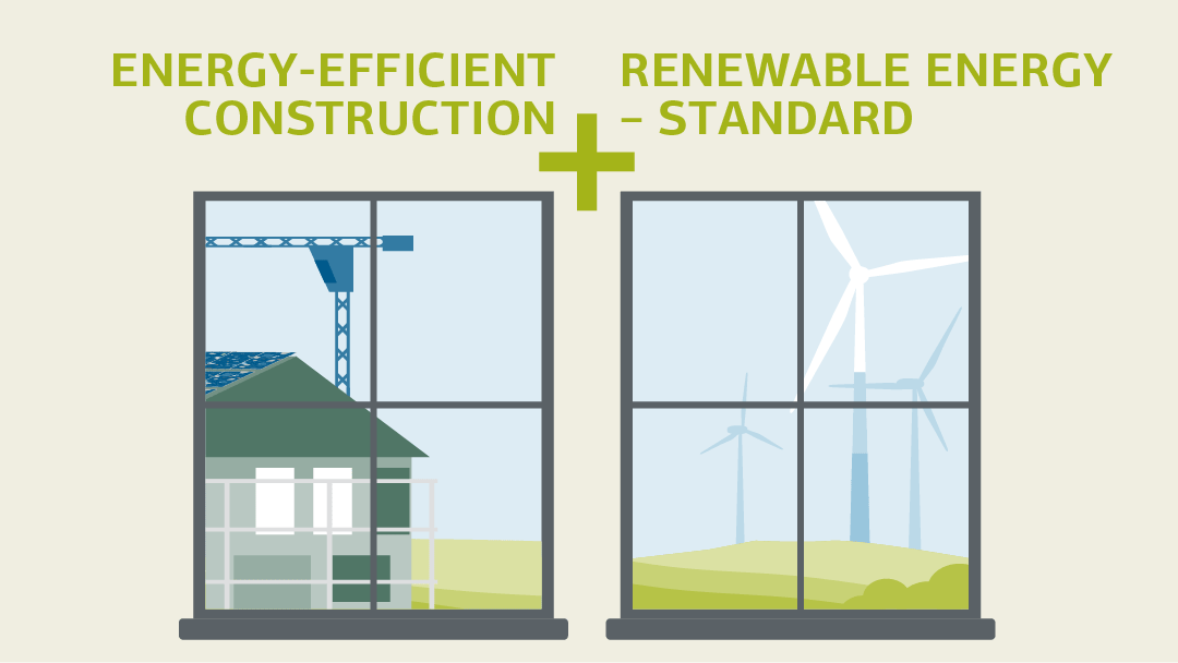 Illustration of the view through two windows, onto the construction site of a residential building and several wind turbines