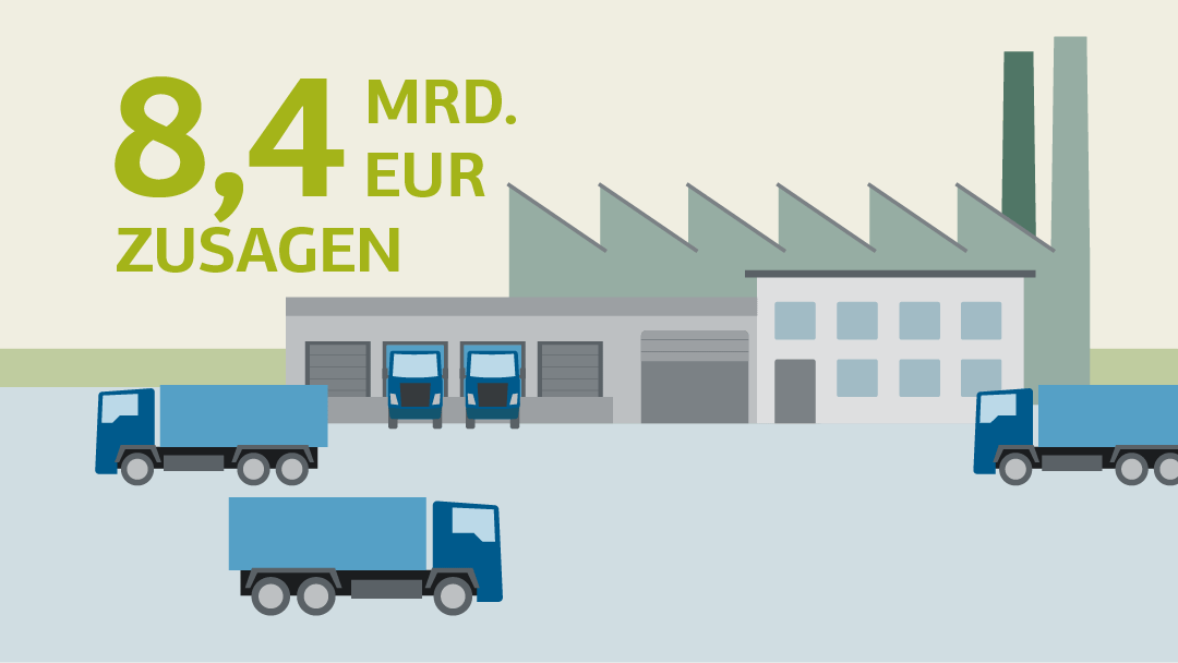 Eine Illustration eines mittelständigen Betriebes mit mehreren fahrenden und parkenden Lastkraftwagen