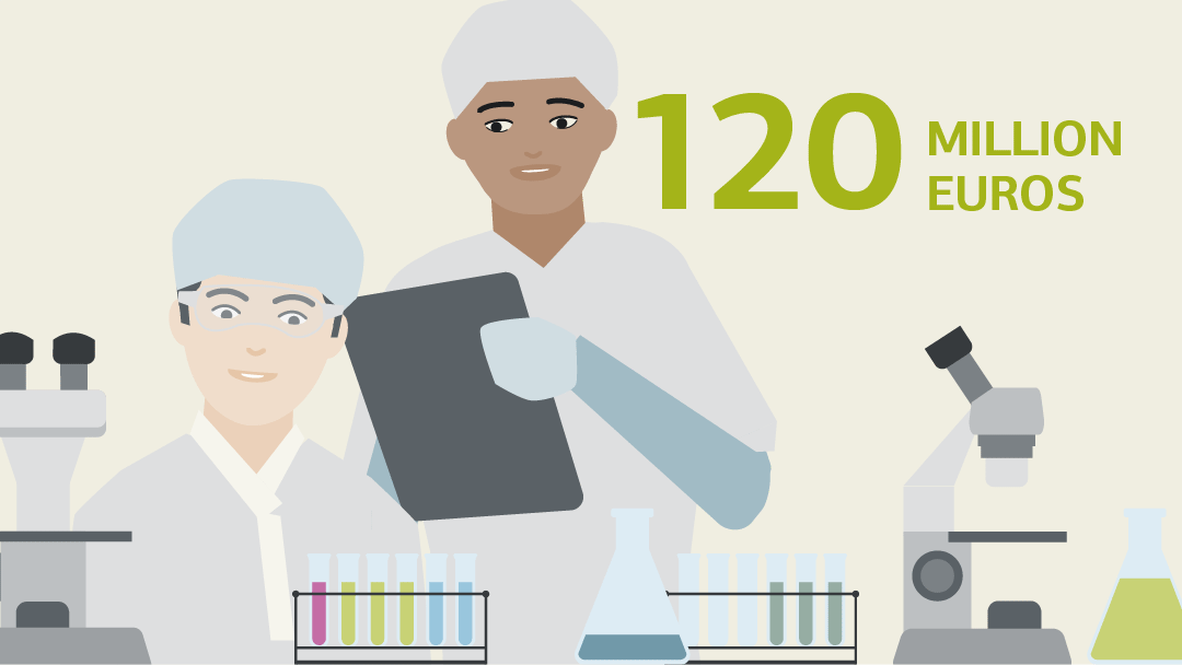 Illustration of two scientists in the chemical laboratory with microscopes and several test tubes with samples