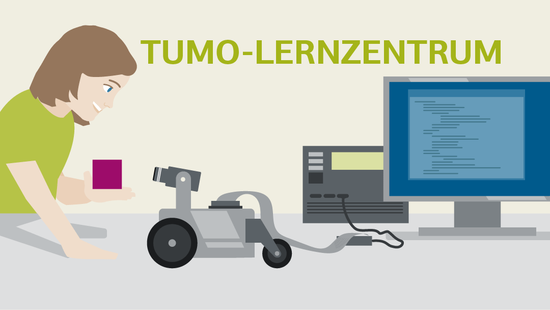 Illustration eines Mädchens welches einen einfachen Roboter mit Kamera per Computer programmiert