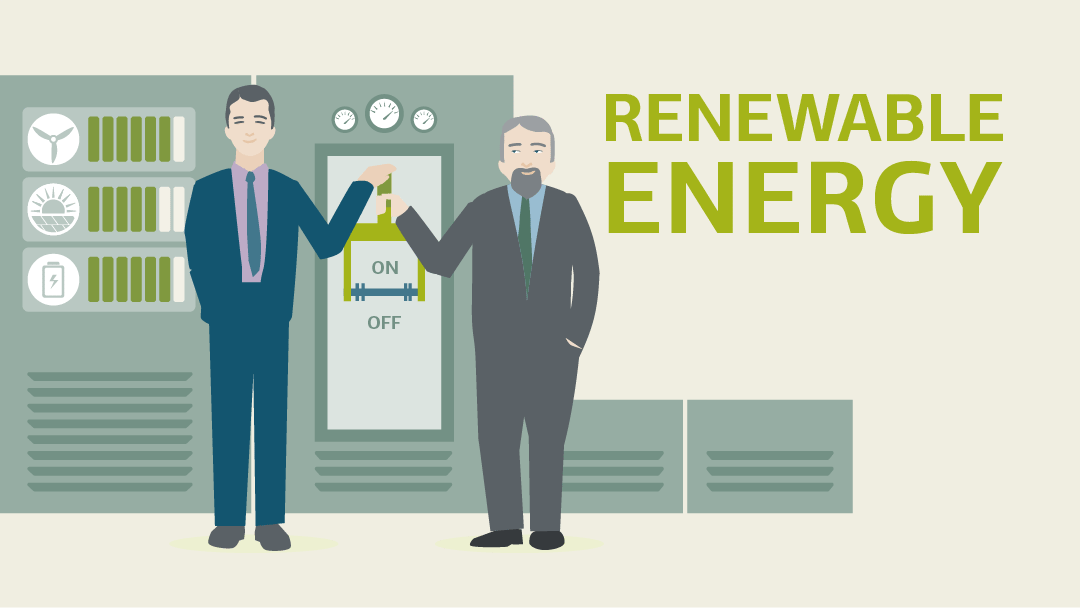 Illustration of father and son connecting their family business to the new renewable energy supply