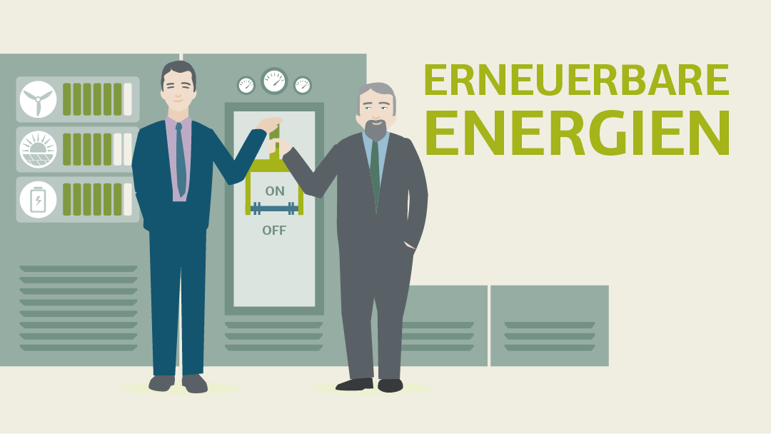 Illustration von Vater und Sohn die die regenerative Energieversorgung ihres Familienbertiebes ans Netz nehmen