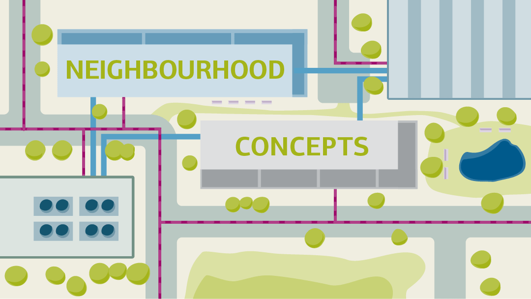 Illustration of an aerial view of a residential quarter with several buildings, streets and supply lines