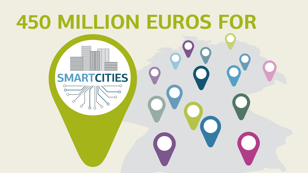 Illustration of a large location marker with Smartcities logo in front of a map of Germany with many small location markers