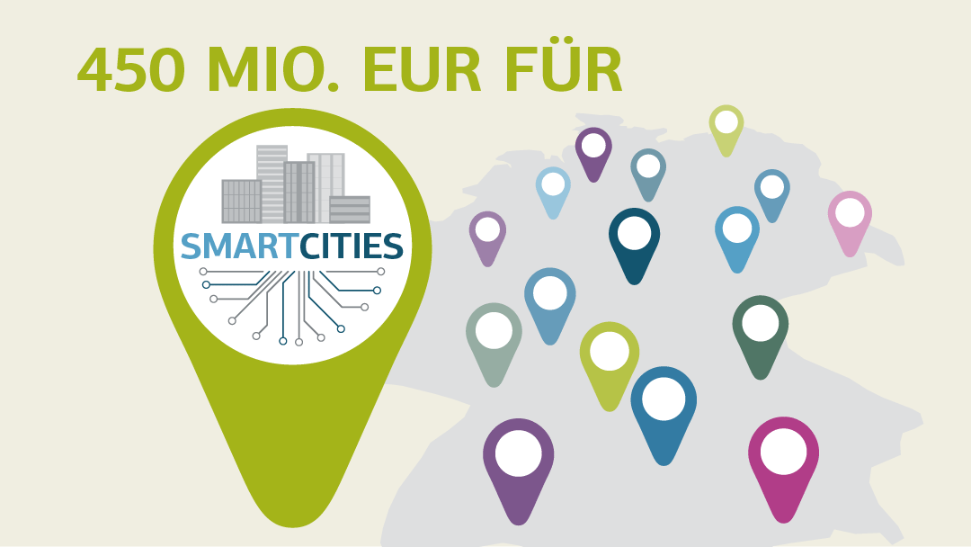 Illustration eines großen Standort-Markers mit Smartcities-Logo vor einer Karte Deutschlands mit vielen kleinen Standort-Markern