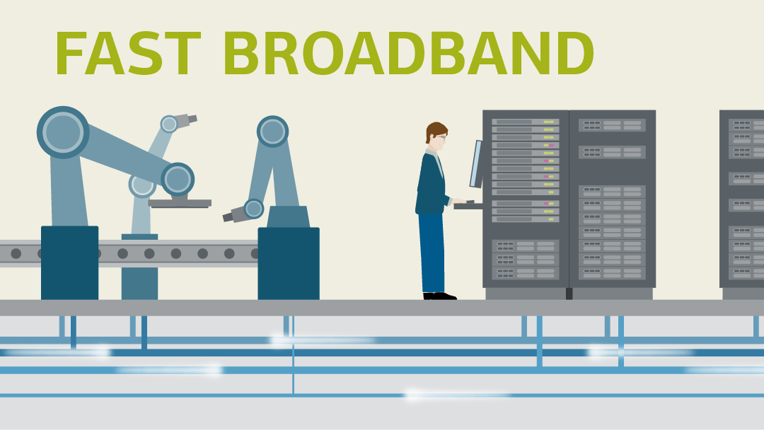 Illustration of manufacturing robots and large server racks connected with underground data lines