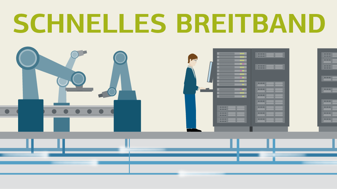 Illustration von Fertigungsrobotern und großen Serverschränken die mit unterirdischen Datenleitungen verbunden sind