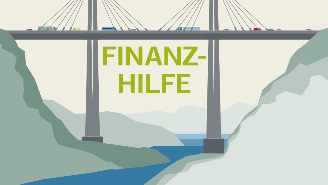 Illustration einer Brücke über einer tiefen Schlucht in welcher ein Fluss durch ein Gebirge fließt