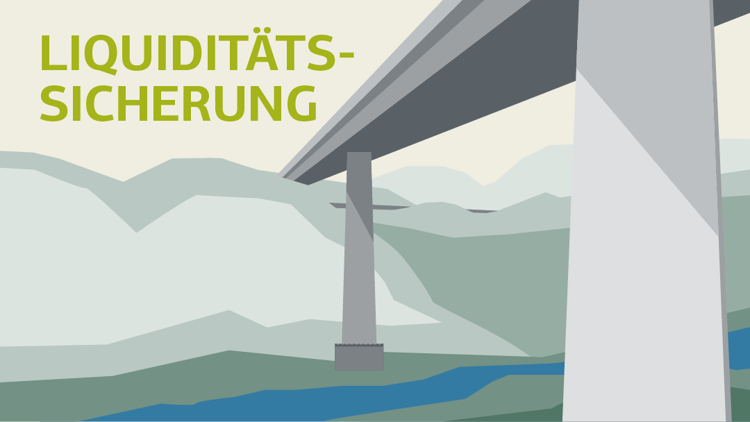 Illustration eines Blicks über ein breites Tal mit Fluss und moderner Brücke