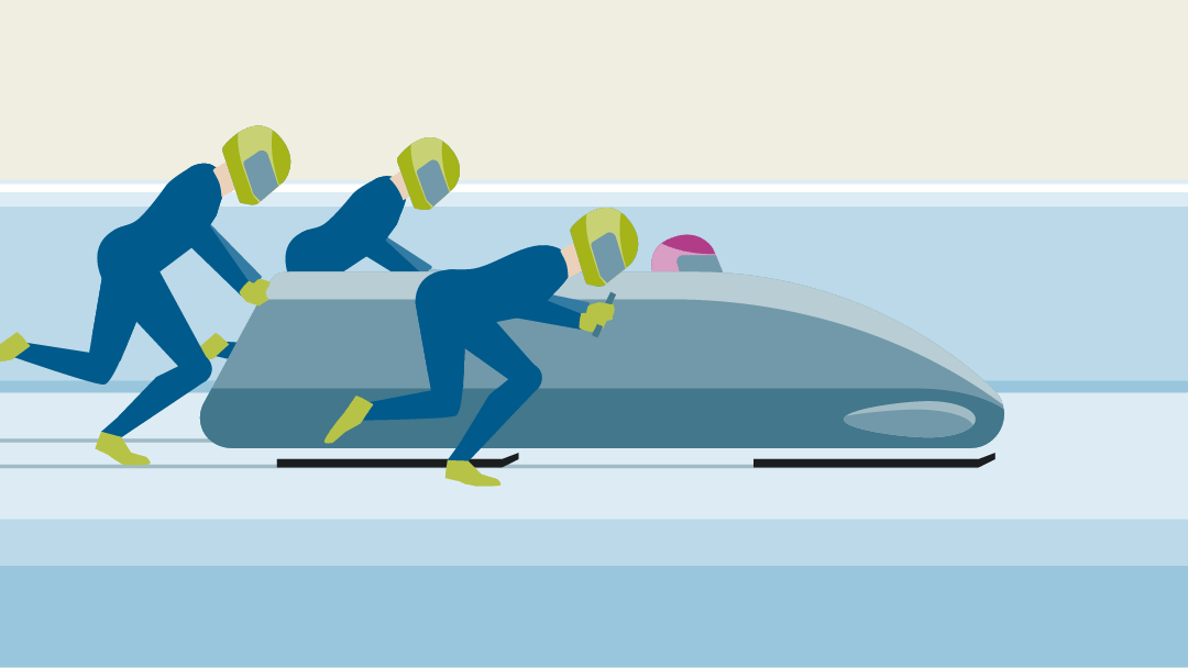 Illustration of a four-man bobsleigh, the three pushers pushing the bobsleigh