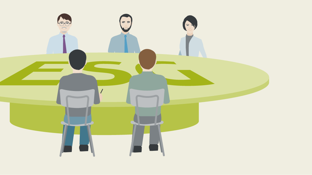 Illustration von fünf Personen die an einem großen runden Tisch mit der Abkürzung ESG darauf sitzen