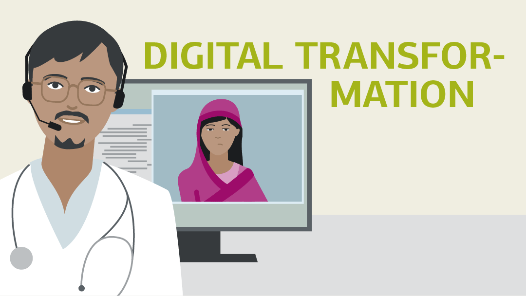 Illustration of a doctor with headset, on the monitor behind him a video consultation with a sick woman