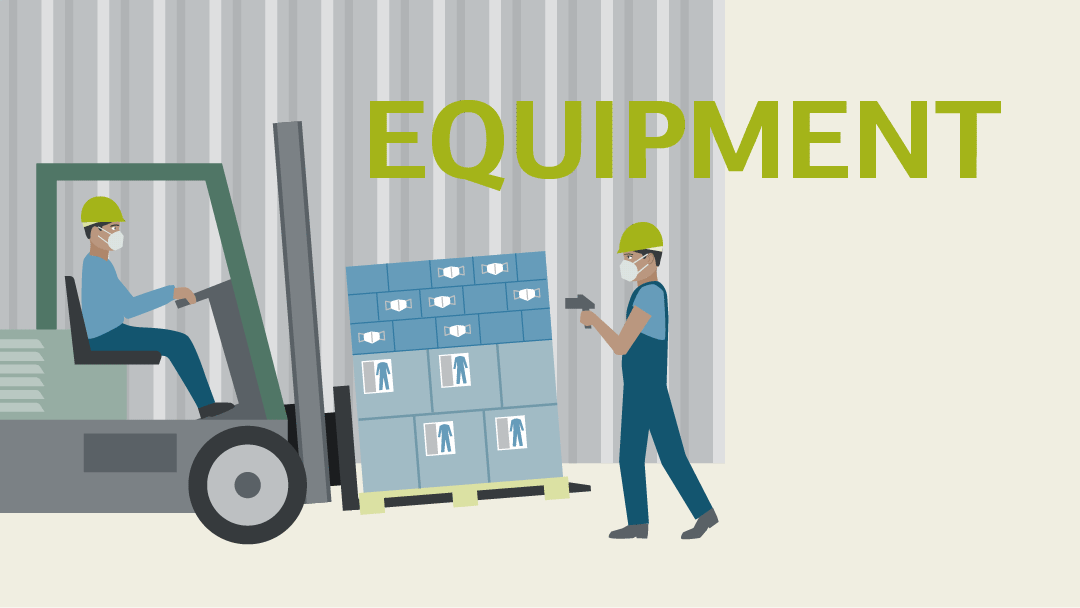 Illustration of two warehouse workers, one in a fork-lift truck, loading medical equipment