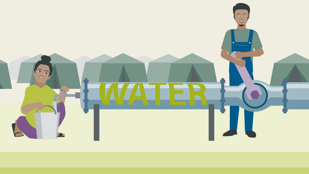 Illustration of two people at a large drinking water pipe with tap in a tent camp