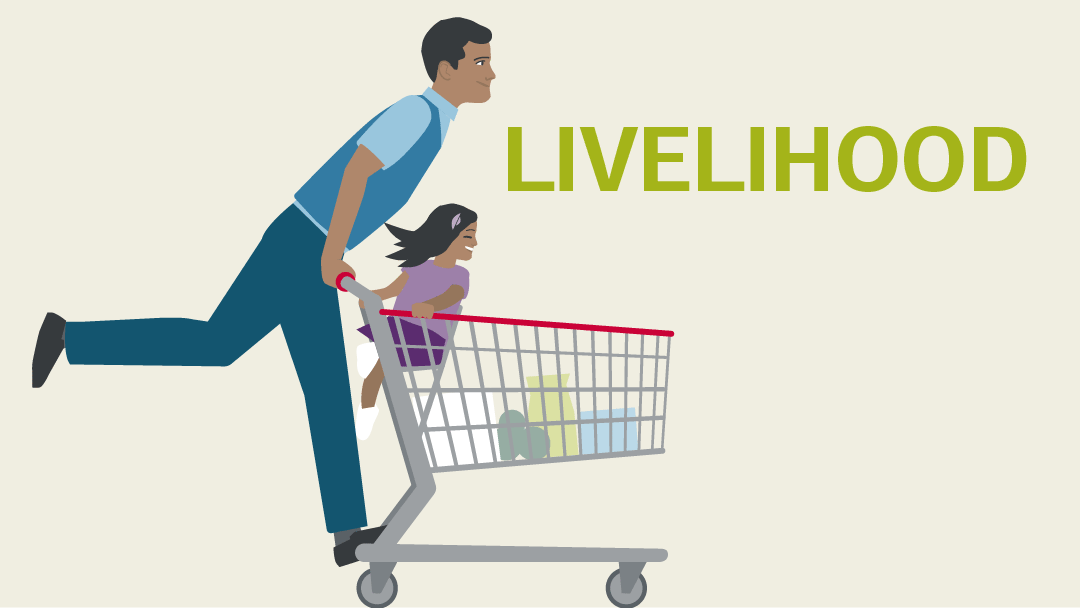 Illustration of a father with his little daughter riding a shopping cart like a scooter