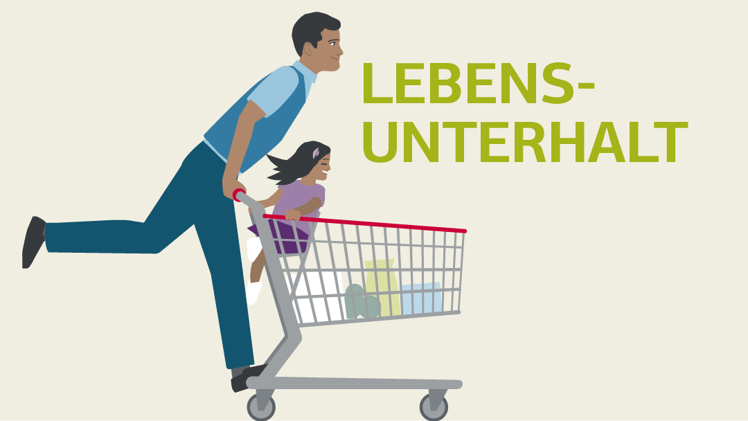 Illustration eines Vaters mit seiner kleinen Tochter, die mit einem Einkauswagen wie mit einem Roller fahren