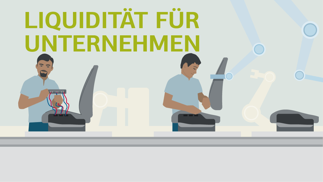 Illustration einer Fertigungsstraße mit zwei Arbeitern die Autositze montieren