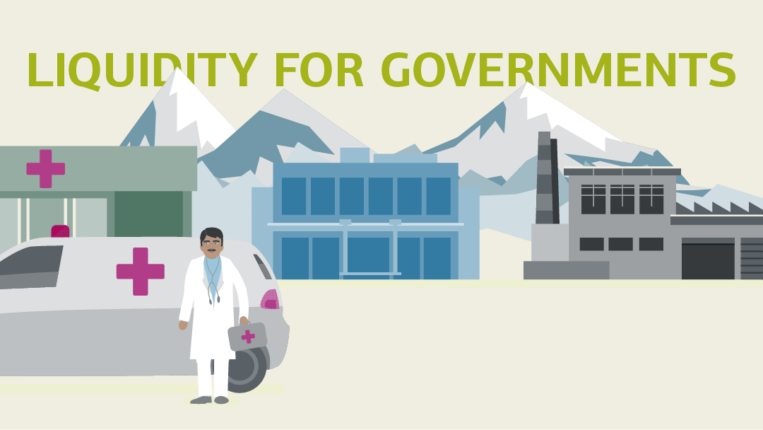 Illustration einer Stadt mit Medizin-, Büro- und Industriegebäuden vor einem entfernten Gebirge