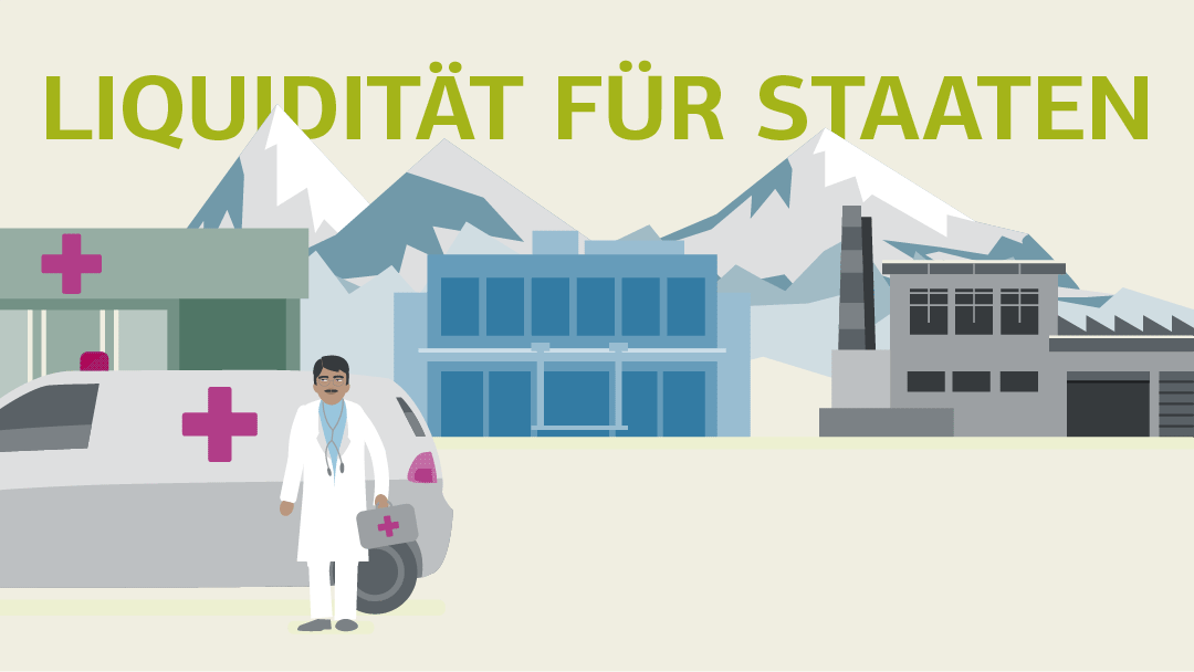 Illustration einer Stadt mit Medizin-, Büro- und Industriegebäuden vor einem entfernten Gebirge