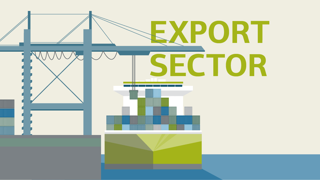 Illustration of container terminal with large loading crane and partially loaded container ship