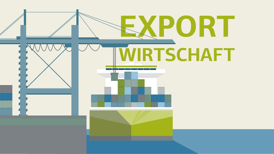 Illustration eines Containerterminals mit großem Ladekran und teilweise beladenem Containerschiff