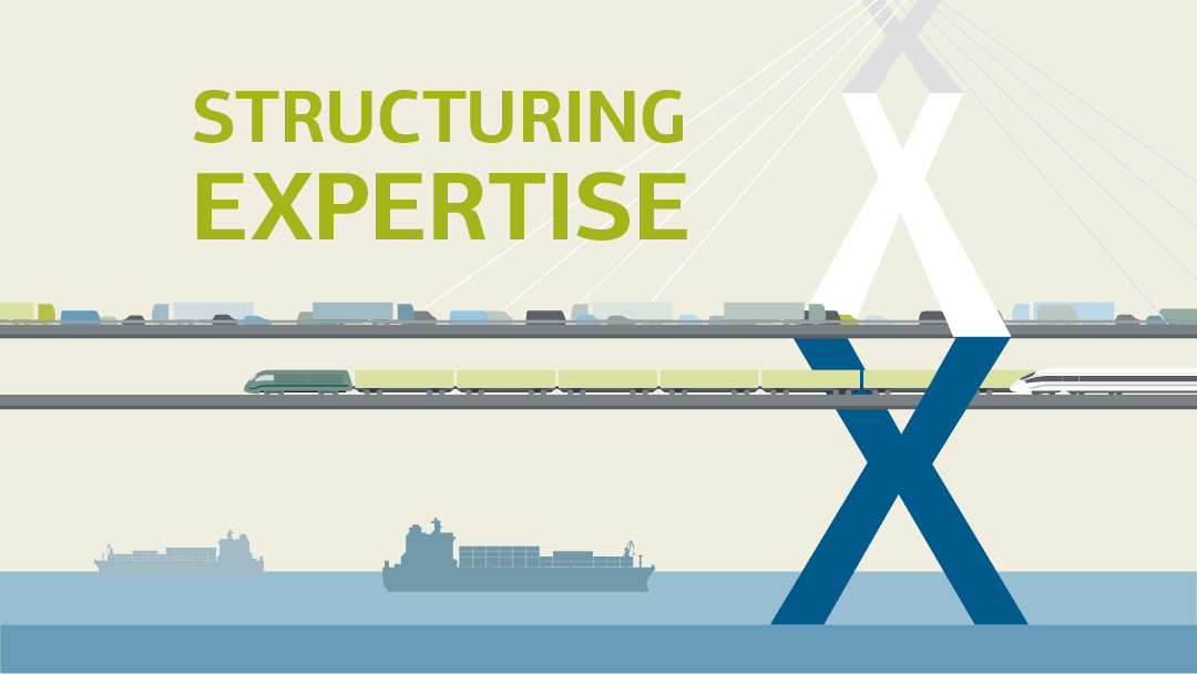 Illustration einer zweietagigen Brücke mit einem Pfeiler aus mehreren X, oben fahren PKW und LKW, unten Güter- und Personenzüge