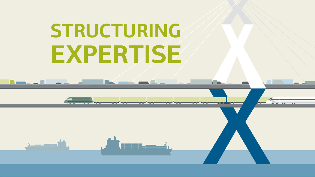 Illustration of a two-level bridge with a pier made of several X's, cars and trucks travel on top, freight and passenger trains on bottom level