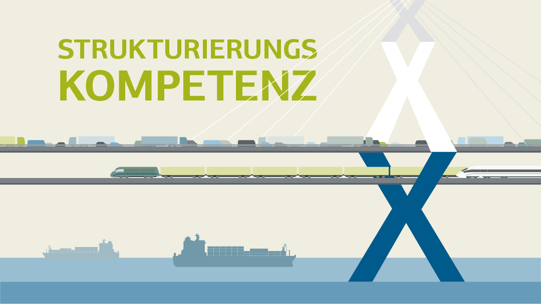 Illustration einer zweietagigen Brücke mit einem Pfeiler aus mehreren X, oben fahren PKW und LKW, unten Güter- und Personenzüge