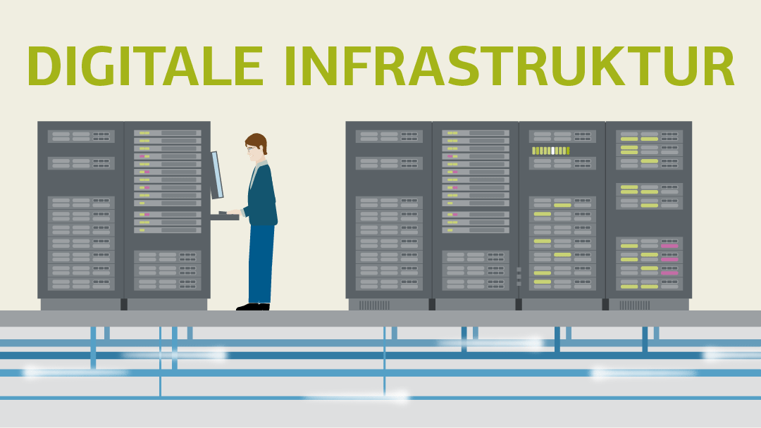 Illustration mehrerer großer Serverschränke in einem Rechenzentrum, ein Mitarbeiter administriert das System