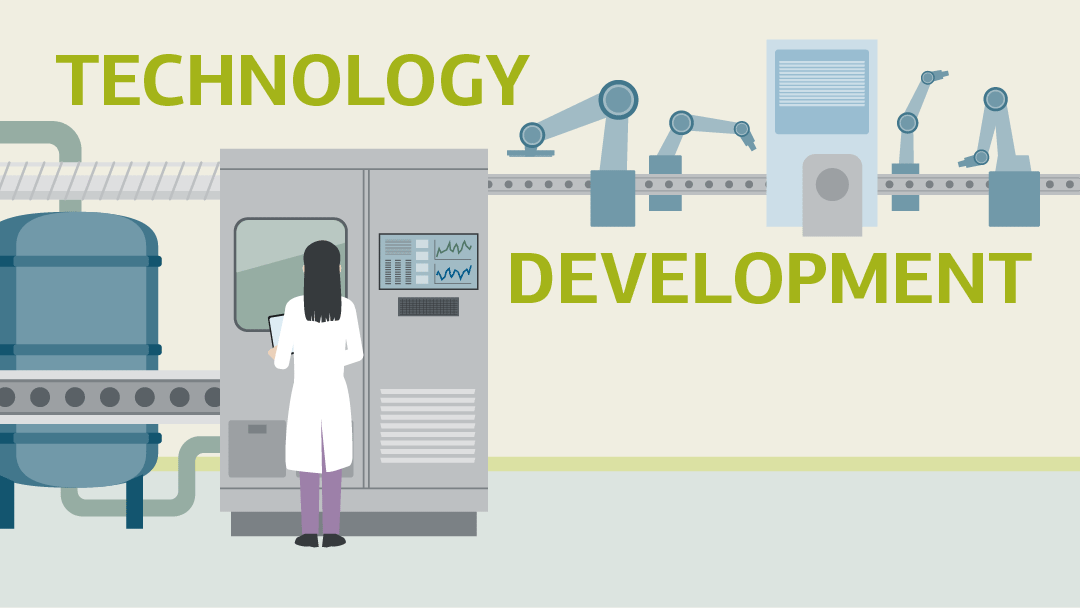 Illustration of a high-tech production line in a factory, an employee operates a machine