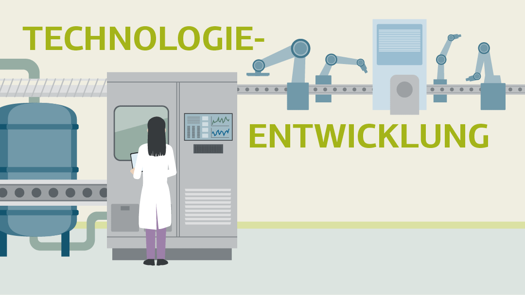 Illustration einer High-Tech Produktionsstraße in einer Fabrik, eine Mitarbeiterin bedient eine Maschine