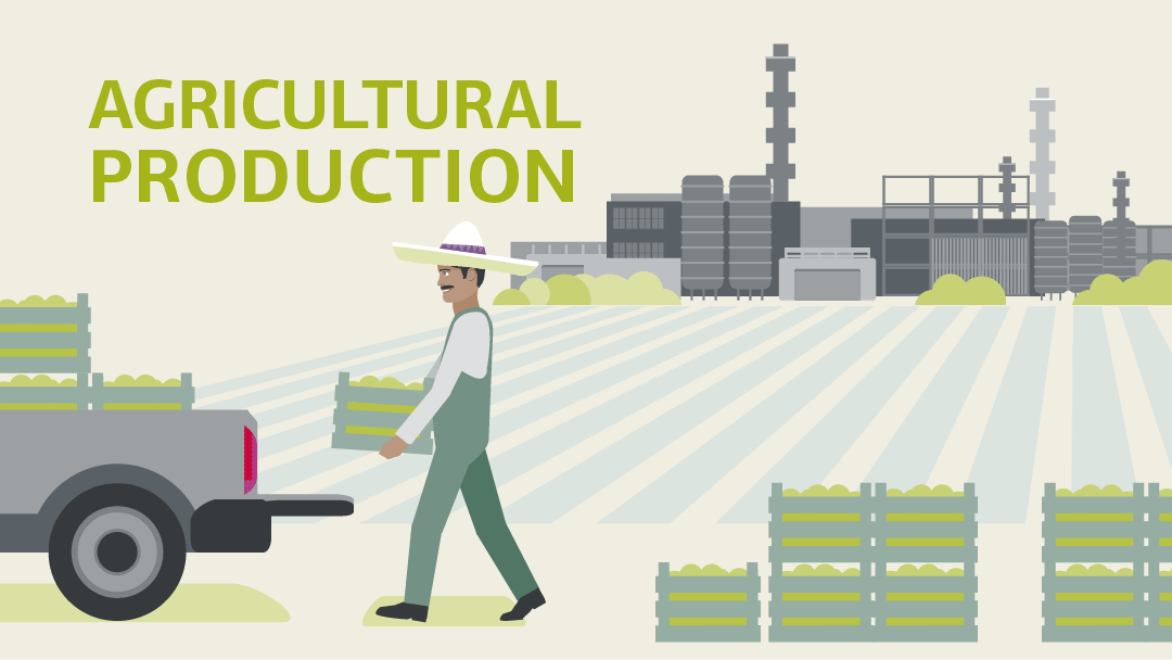 Illustration eines Landarbeiters der Gemüsekisten auf einen Transporter verlädt, im Hintergrund eine große Fabrik