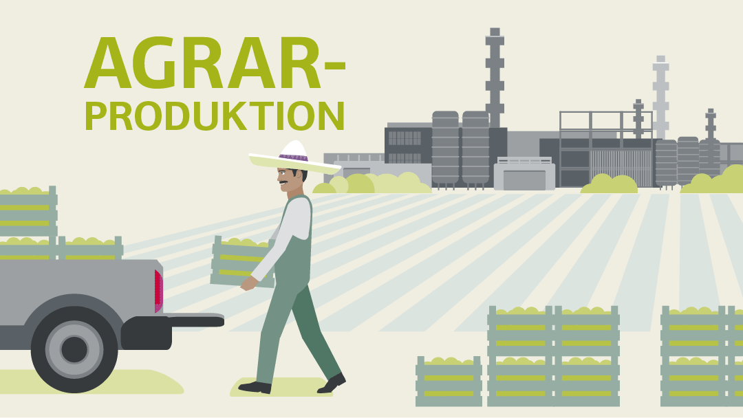 Illustration eines Landarbeiters der Gemüsekisten auf einen Transporter verlädt, im Hintergrund eine große Fabrik