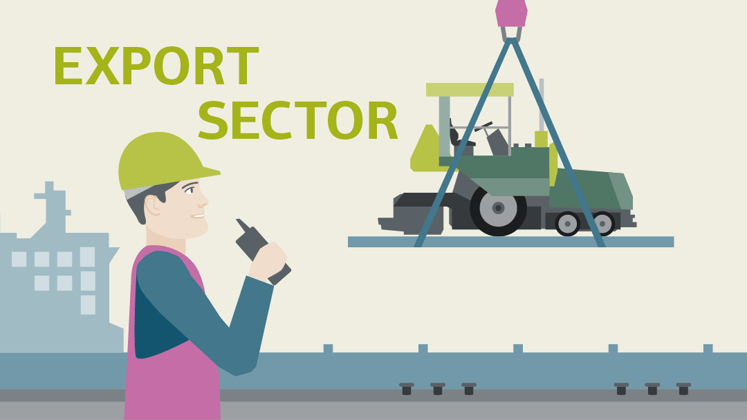 Illustration of a dock worker giving instructions over the radio for loading a road paver onto a ship