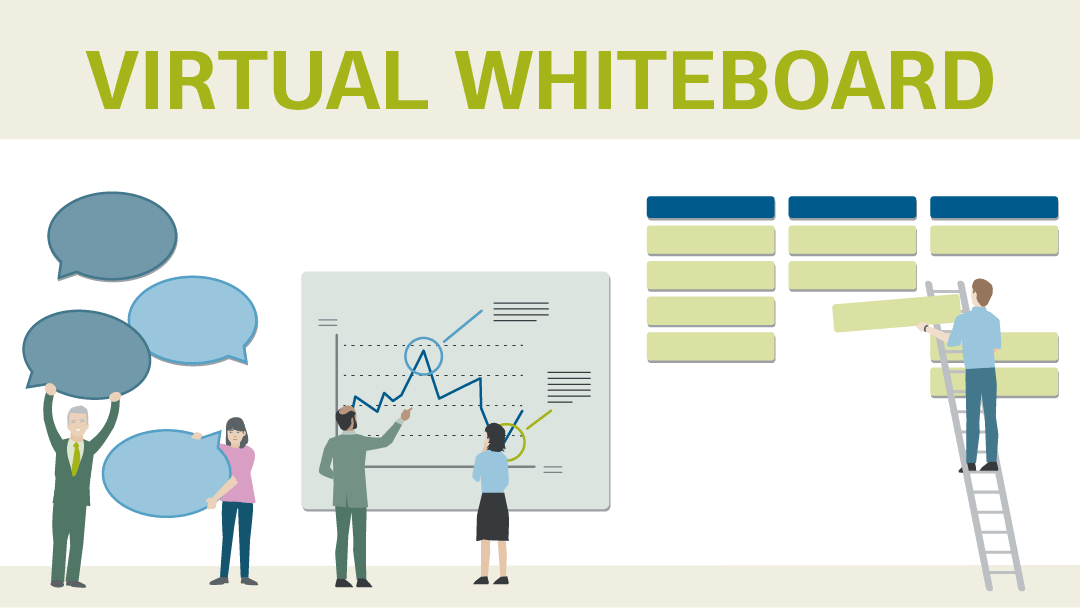 Illustration of several small looking people in front of an oversized whiteboard with different modules